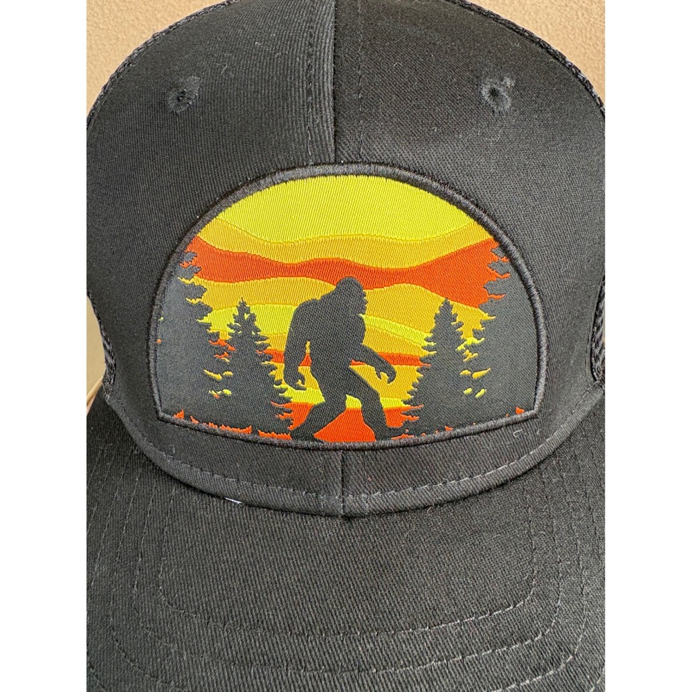 George Mens Bigfoot Sasquatch Trucker Hat Black Sunset Forest Patch Snapback - Picture 7 of 8